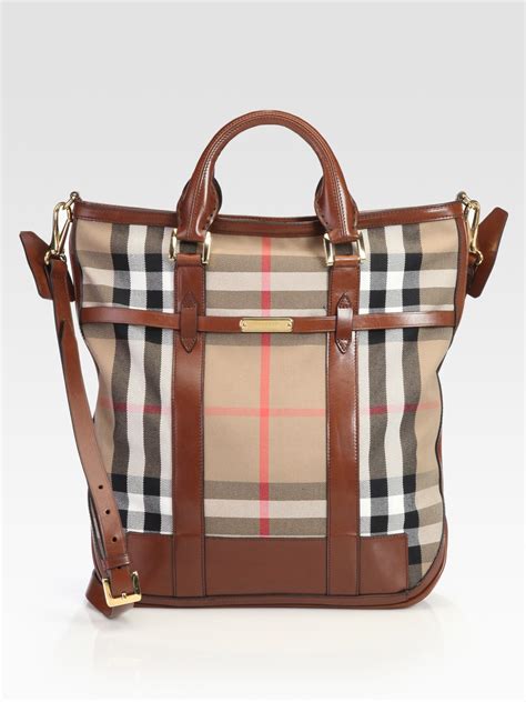 check and leather burberry bag|Burberry checked canvas tote bag.